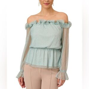 Adrianna Papell Mint Smoke metallic mesh off the shoulder ruffle blouse size 2